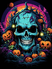 T-shirt design, colored halloween horror coloring page in vivid colors, realistic created with Generative Ai