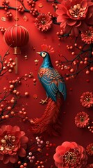 Beautiful multi colored pea cock with red Chinese New Year background-AI Generative 