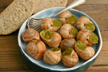 cooked snails with pesto close-up, macro snails with pesto sauce, french cuisine