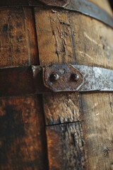 A detailed view of a wooden barrel with a latch. Suitable for rustic, vintage, or wine-related themes