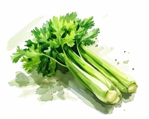 Fresh Celery Bunch Watercolor Illustration on White