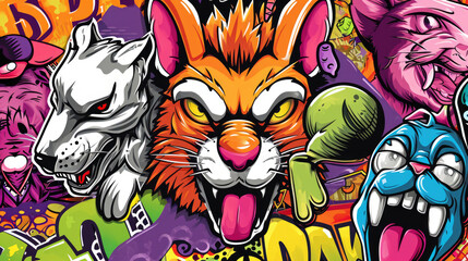 Cartoon animals with graffiti art on them. Versatile image that can be used for various projects