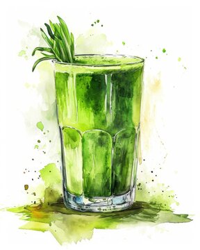Vibrant Watercolor Wheatgrass Juice in Glass
