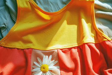 A close-up shot of a dress featuring a beautiful flower design. Perfect for fashion magazines, floral-themed websites, or wedding-related content