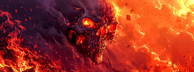  The image depicts a fiery, demonic skull submerged in flames, with a menacing gaze and a molten texture, suitable for horror or fantasy-themed content. - obrazy, fototapety, plakaty