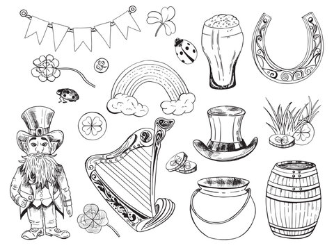 St. Patrick Hand Drawn Doodle Line Art Outline Set Containing Leprechaun, Gold coins, Top hat, Harp, Beard, Rainbow, Boots, Shamrock, Pot, Horseshoe, Clover, Treasure