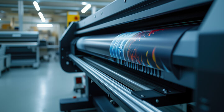 A picture of a large print machine in a factory. This image can be used to showcase modern technology and manufacturing processes
