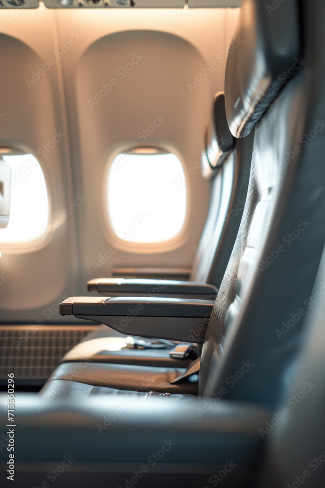 Poster A row of empty seats in an airplane. Suitable for travel and transportation concepts