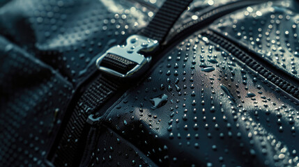 A close up image of a black bag with water droplets on its surface. This picture can be used to illustrate concepts related to water, moisture, fashion accessories, or product photography