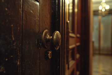 A detailed close-up of a door handle on a wooden door. This image can be used to depict security, entrance, or home decor concepts