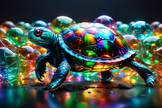 a small turtle in front of colorful bubbles on a dark surface
