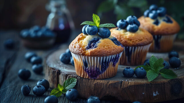 Freshly baked blueberry muffins displayed on a rustic wooden board, garnished with refreshing mint leaves. Perfect for food blogs, bakery websites, or recipe illustrations