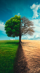 Paisaje formado por un árbol con la mitad con ramas secas sin hojas sobre un terreno estéril y la otra mitad con hojas verdes sobre un terreno fértil como símbolo del cambio climático