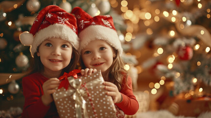 Fototapeta na wymiar Two adorable little girls wearing Santa hats, holding a beautifully wrapped present. Perfect for holiday and Christmas-themed designs
