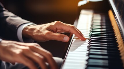 Obraz premium Closeup man hands playing on a piano keyboards with space for copy
