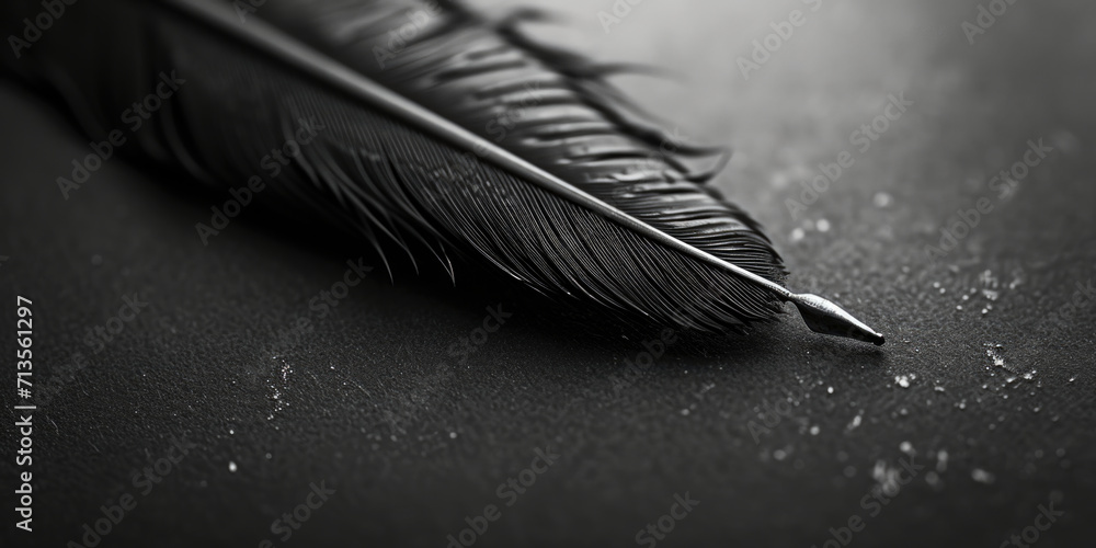 Poster A black and white photo of a feather resting on a table. Suitable for various creative projects and designs
