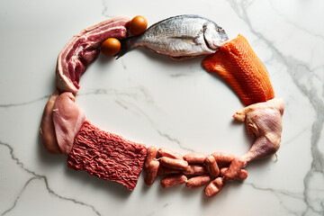 Carnivore diet or low carb diet background concept. Raw animal meat products beef, minced pork and...