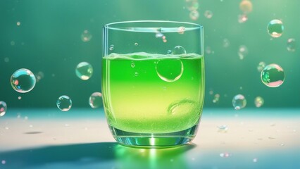 glass of water with lime  glass of water with bubbles, showing the fizziness and the fun of water. The glass is green 