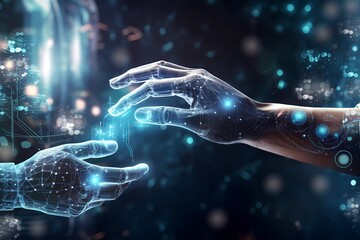 Futuristic design, hands of robot and human touching on big data network connection, deep learning, artificial intelligence technology, connectivity concept
