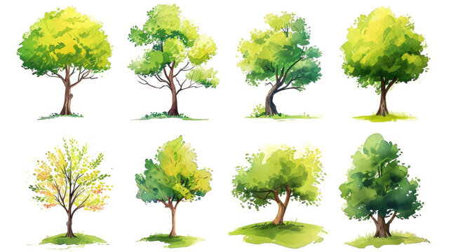 A collection of four unique trees painted in vibrant watercolors. Perfect for adding a touch of nature to any project or design