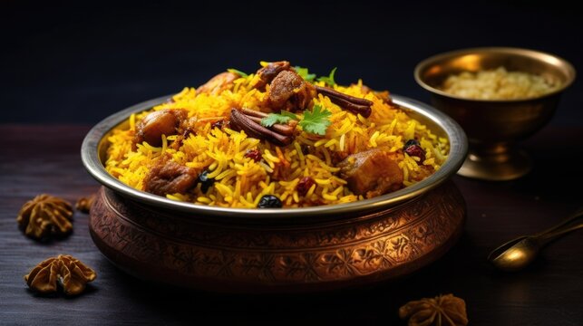 Biryani with meat pieces in a vintage golden bowl on a dark table