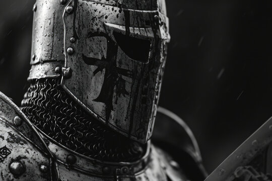 A black and white photo of a knight in armor. Suitable for historical, medieval, or fantasy themes