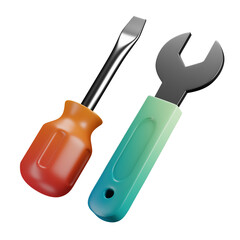 Colorful hand tools, screwdriver and wrench, gradient handles, vibrant orange and teal, minimalist design, clean background, household objects, DIY equipment, cartoon-like style, simple shapes
