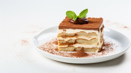 Piece of a delicious tiramisu cake with cacao powder on a white plate on the table with space for copy