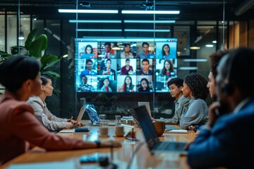 Diverse company employees having online business conference video call on tv screen monitor in board meeting room. Videoconference presentation, global virtual group corporate training concept - obrazy, fototapety, plakaty