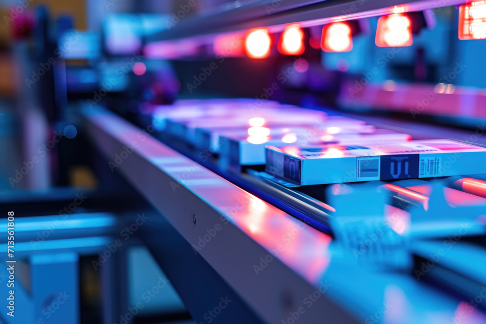 Poster a conveyor belt with multiple boxes on it. ideal for illustrating manufacturing, logistics, or distr