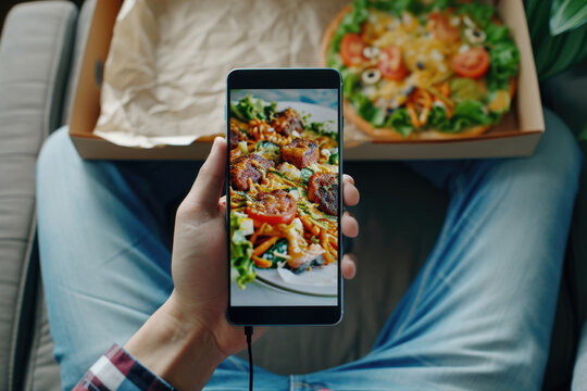 A person capturing an image of a delicious pizza in its box. Perfect for food bloggers, restaurant reviews, or social media posts