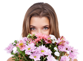 Naklejka premium Spring flowers, woman and portrait for bouquet in studio, romantic and floral gift of valentines day. Young model, face and smell of natural plants for fresh scent and present by white background