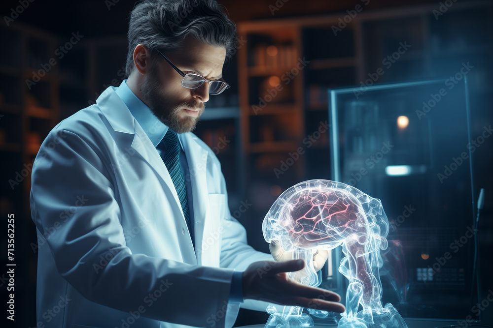 Aufkleber caucasian male scientist work on 3d simulated holographic neural brain interface. engineer using aug