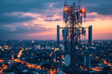 Foto op Plexiglas A cityscape at night, with cell tower with red lights glowing in the night sky. The tower is located in the foreground, and it is surrounded by a dense urban area.  © ivlianna