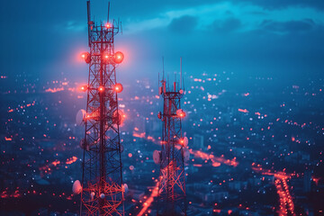 A cityscape at night, with two cell towers with red lights glowing in the night sky. The towers are located in the foreground, and they are surrounded by a dense urban area.  - obrazy, fototapety, plakaty