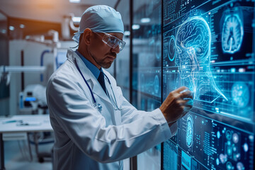 Artificial intelligence in medicine. Male surgeon doctor with Augmented Reality VR glasses looking at futuristic medical charts at a high tech hospital. 3d human body chart organs in laboratory  - obrazy, fototapety, plakaty
