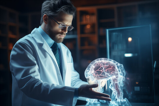 Caucasian male scientist work on 3D Simulated holographic neural brain Interface. Engineer using augmented Holographic Technology. Artificial Intelligence Concept. Artificial intelligence in medicine - Powered by Adobe
