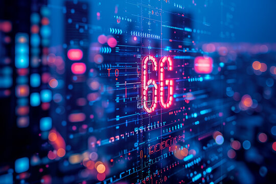 Technologies and the next generations of mobile communication. Global Digital Network Growing with Numbers Flying. 6G mobile communications artificial intelligence loop Background, wireless network 