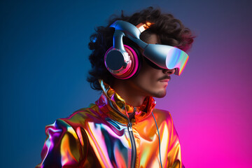 Man in VR Gear and Glossy Multicolor Jacket, Cyberpunk Inspired Fashion