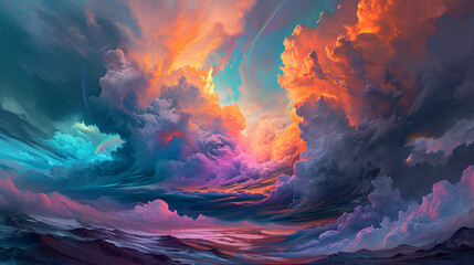 oil painting of huge colorful clouds in the vibrant sky - obrazy, fototapety, plakaty