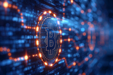 Computer Microchips with Bitcoin engraved on Electronic circuit board. Technology microelectronics concept background. Macro shot, Blinking indicators of command center computer, processing 