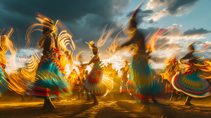  a group of African tribal dancers during a traditional dance. The photo captures their rhythmic,...