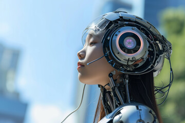 Cognitive technologies and artificial intelligence. Asian female Robot . Asian Cyborg Girl .The woman was created using 3D computer graphics. 