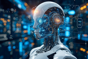 Cognitive technologies and artificial intelligence. Futuristic robot artificial intelligence huminoid AI programming coding technology development and machine learning concept. Сomputing processes
