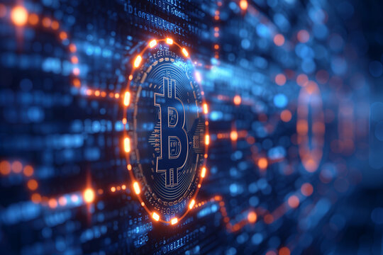 Computer Microchips with Bitcoin engraved on Electronic circuit board. Technology microelectronics concept background. Macro shot, Blinking indicators of command center computer, processing 