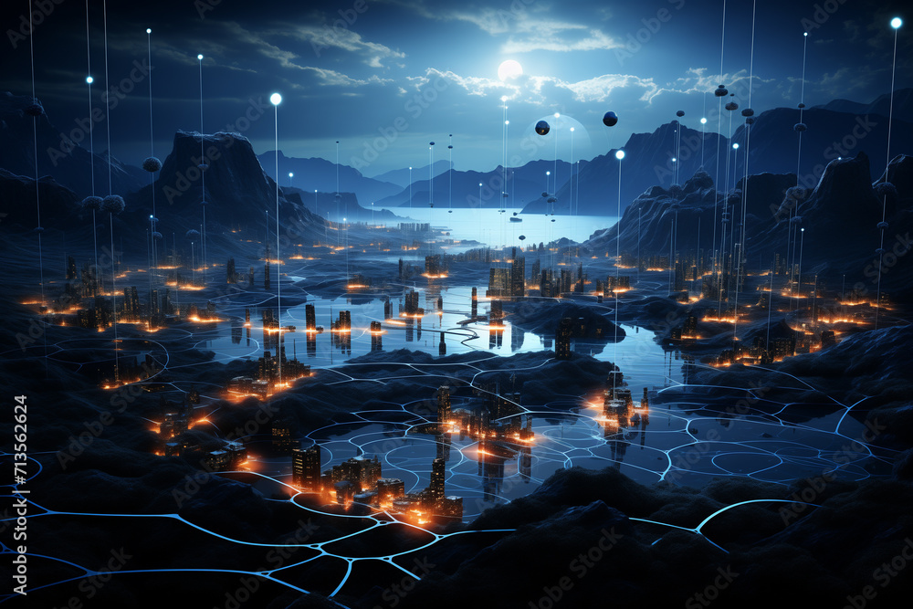 Aufkleber ecosystems of cyber-physical systems. landscape of mountains and skyscraper view in the night with f