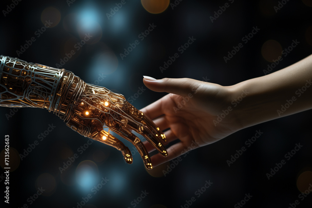 Poster robot and man shaking hands indoors. future technology. agreement concept. handshake of artificial i