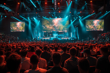Fototapeta na wymiar E-sports and virtual competitions. Crowded esports arena, a pro player at a stadium competing in a tournament. Cyber-game competition