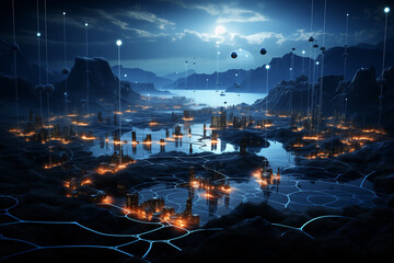 Ecosystems of cyber-physical systems. Landscape of mountains and skyscraper view in the night with full moon. 