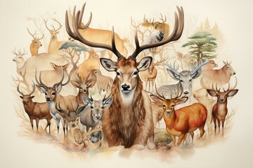 Watercolor painting featuring a brown deer amidst other animals. Generative AI